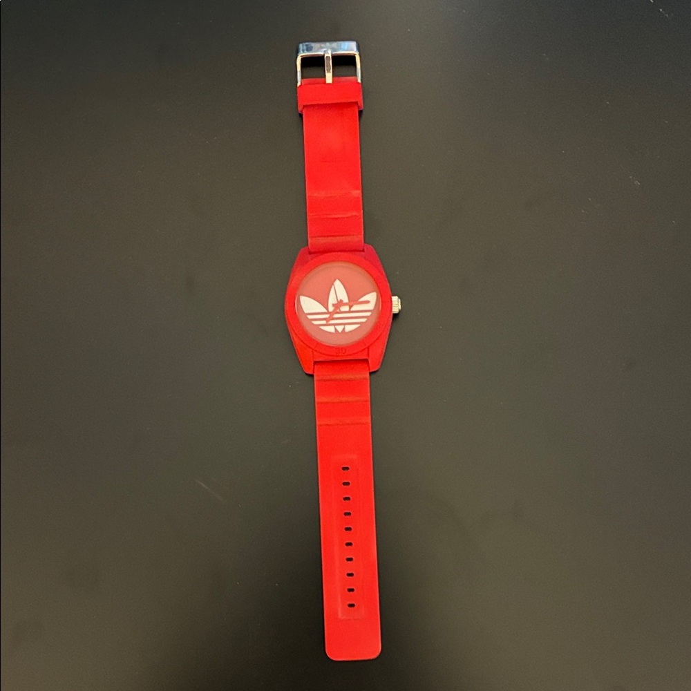 Adidas Mens Watch Red Dial Silicone Strap Trefoil Logo Sport Needs Battery